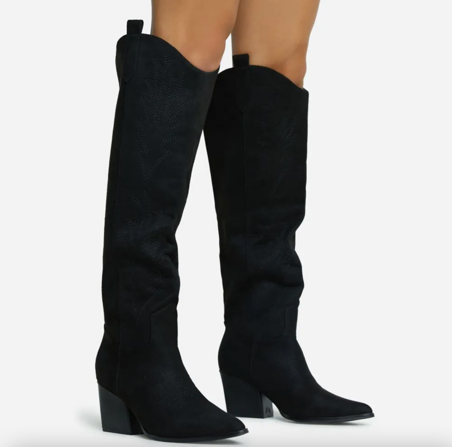 EGO + Bulldoze Embroidered Detail Pointed Toe Block Heel KneeHigh