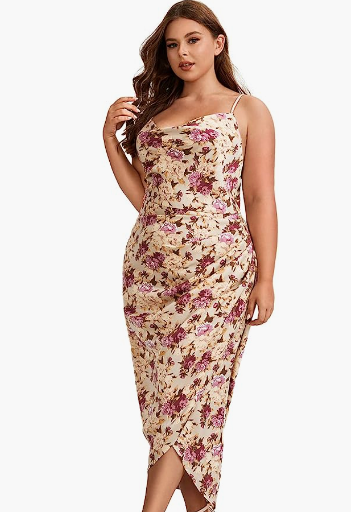 Floerns + Satin Spaghetti Strap Wrap Midi Dress