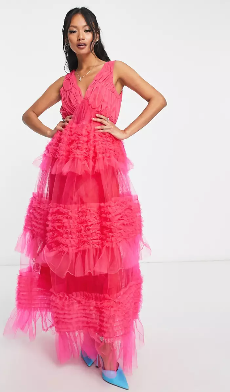 Amy Lynn + Honor Tiered Tulle Maxi Dress in Hot Pink