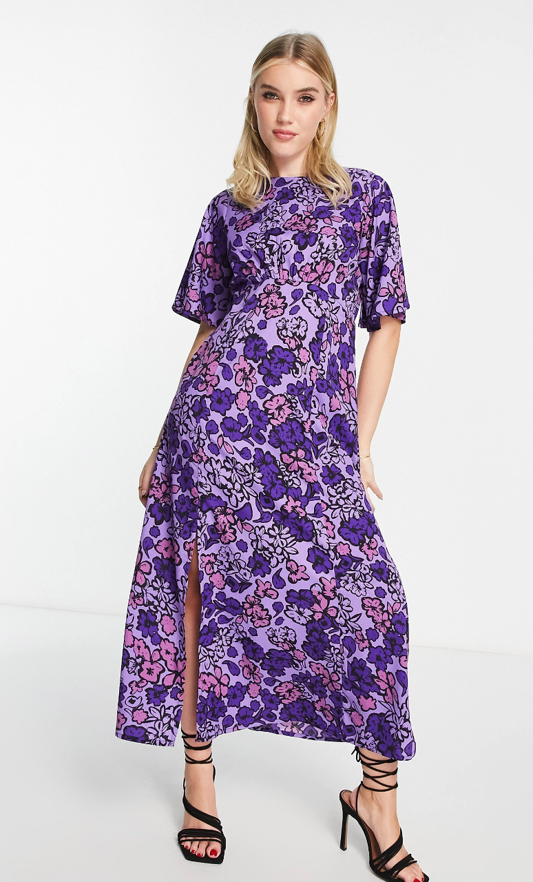 Influence + Flutter Sleeve Midi Tea Dress in Purple Floral Print