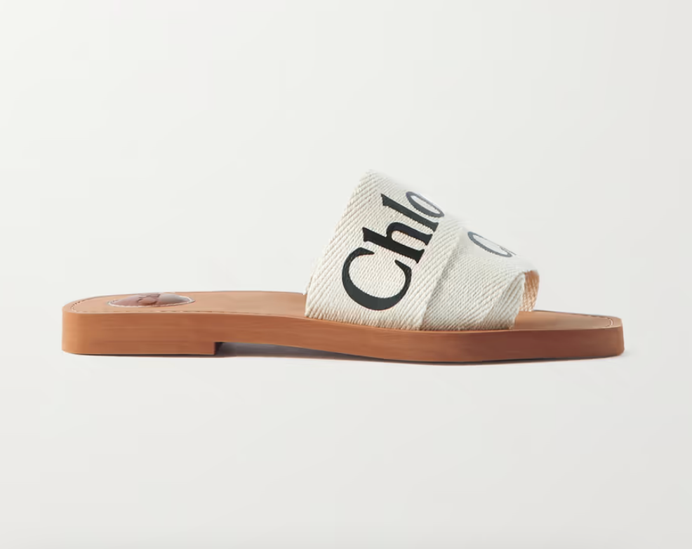 Chloé + Woody Logo-Print Canvas Slides