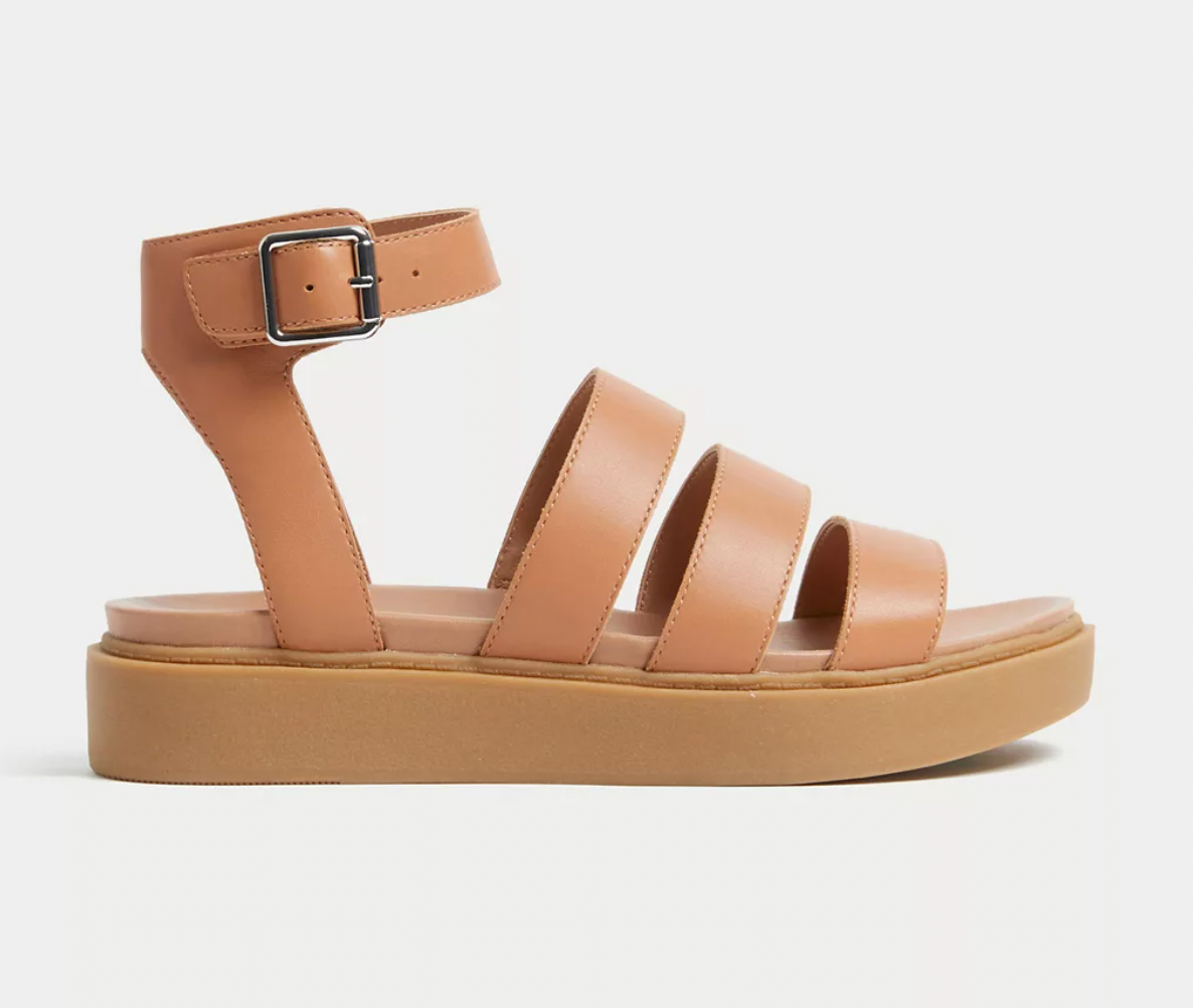 M S Leather Ankle Strap Flat Sandals