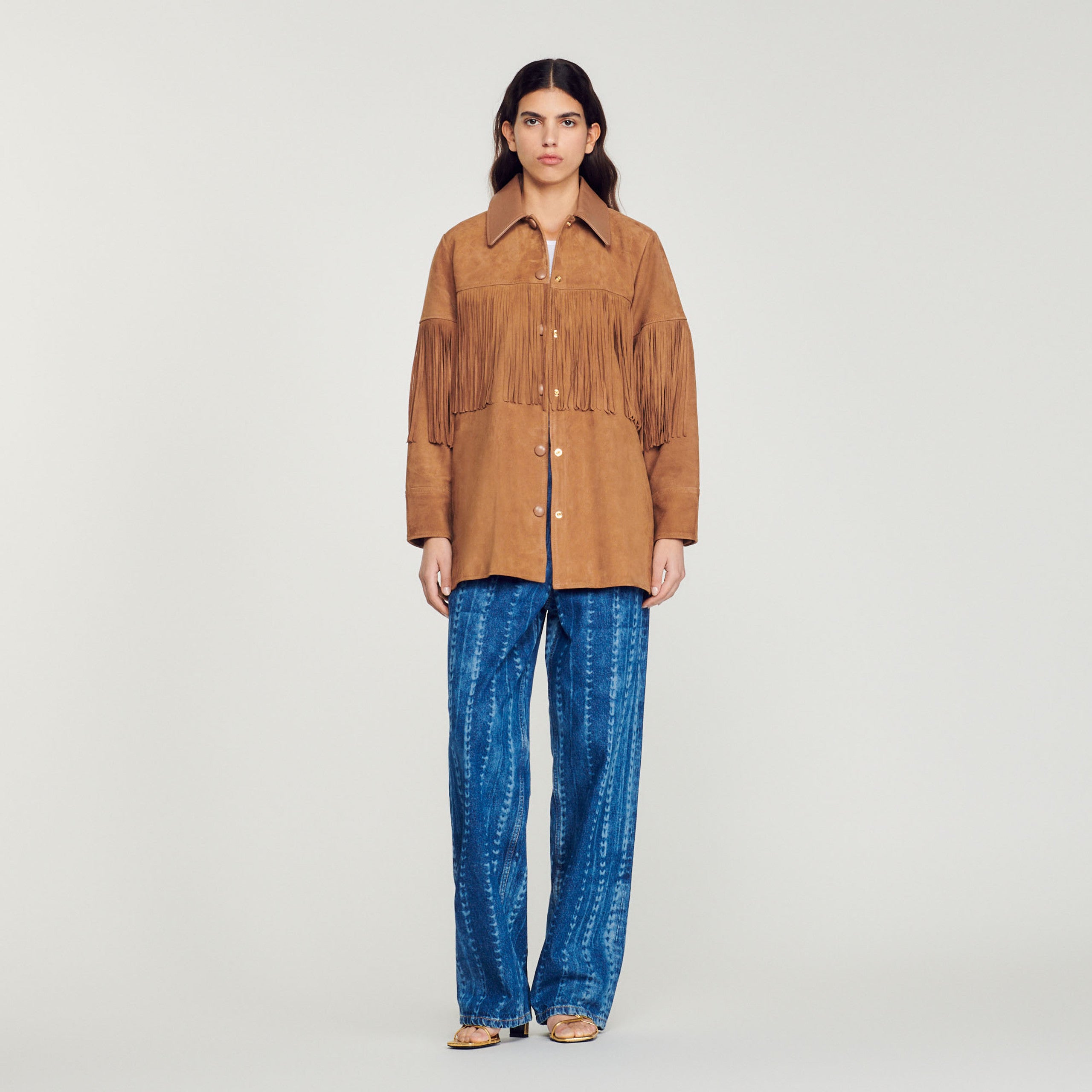 Sandro Paris + Fringed buttoned leather jacket