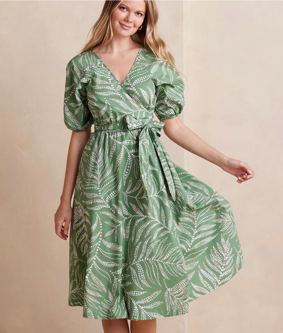 Summersalt + The Coastal Poplin Puff-Sleeve Wrap Midi Dress
