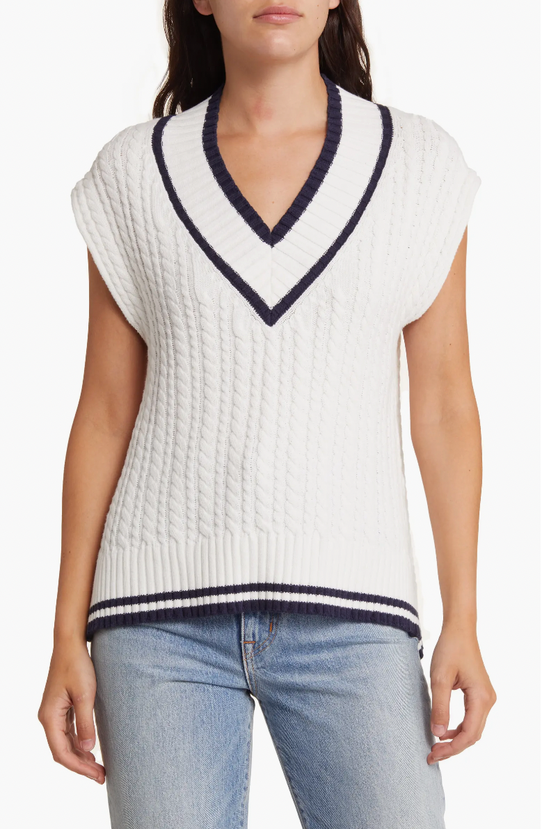 French Connection + Mozart Cable Stitch Cap Sleeve VNeck Sweater