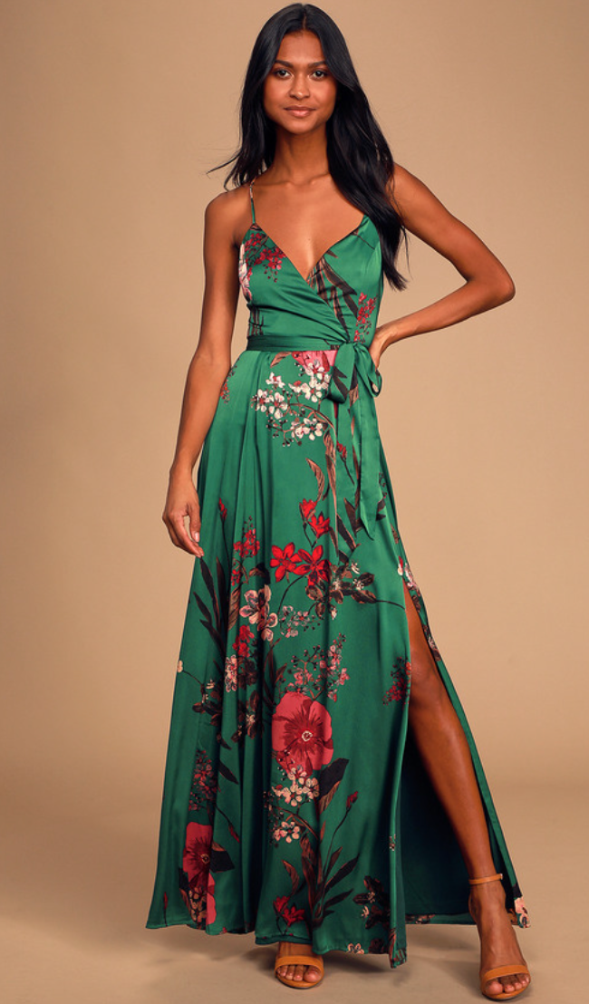 Lulus Still The One Emerald Green Floral Print Satin Maxi Dress
