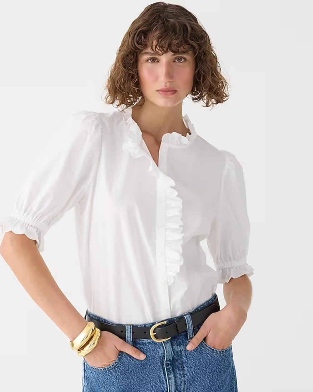 J.Crew Ruffle Trim Button Up Shirt In Cotton Poplin