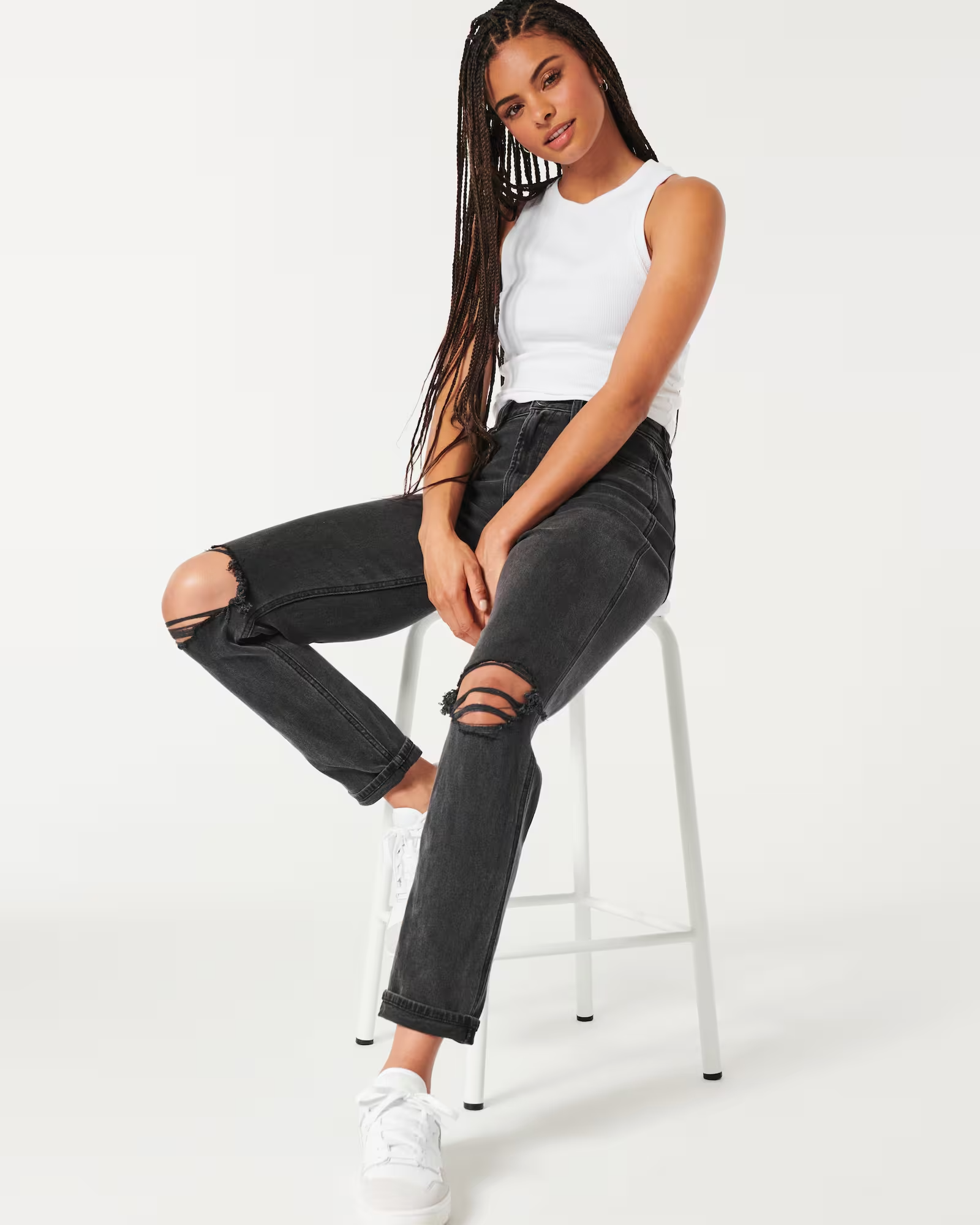 Hollister + Ultra High-Rise Ripped Washed Black Mom Jeans