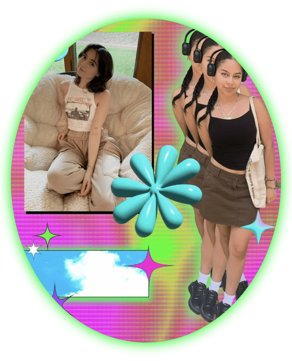 colorful collage design with photos of Jamie Papazis and Mariana Rios, college students and TikTokers