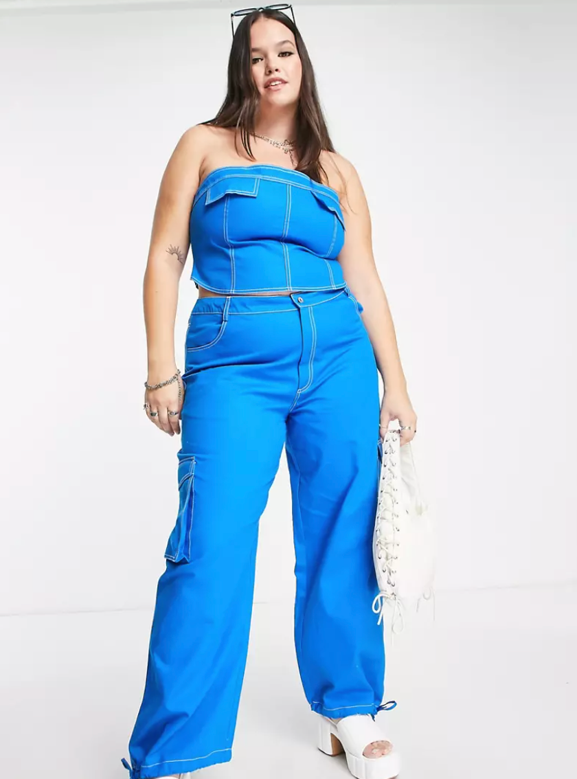 Collusion Plus + Cargo Trouser Co Ord with Top Stitching in Blue