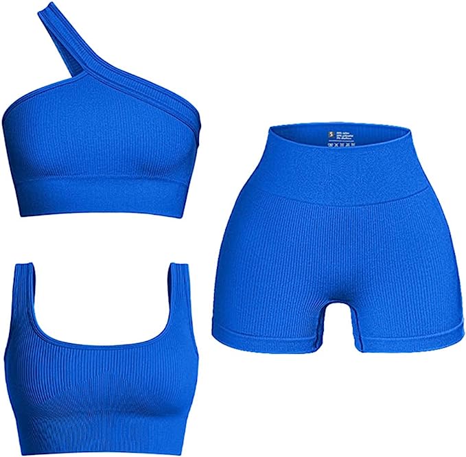 QQQ + 3 Piece Outfits Ribbed Seamless Exercise Scoop Neck Sports Bra One  Shoulder Tops High Waist Shorts Active Set