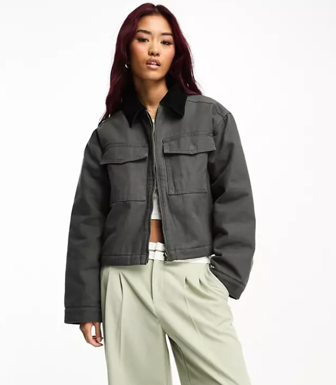 ASOS DESIGN + Cropped Canvas Jacket In Charcoal