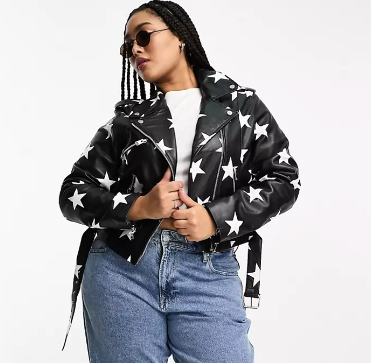 Barney s Originals Plus Real Leather Star Print Biker Jacket