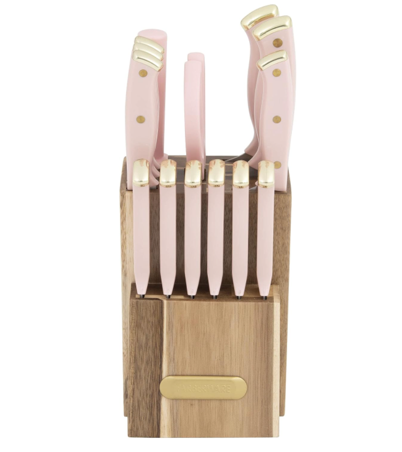 farberware + 15Piece Triple Riveted Acacia Knife Block Set, Blush and Gold