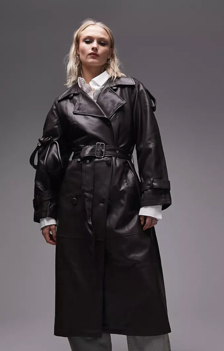 Topshop + Faux Leather Trench Coat in Dark Chocolate