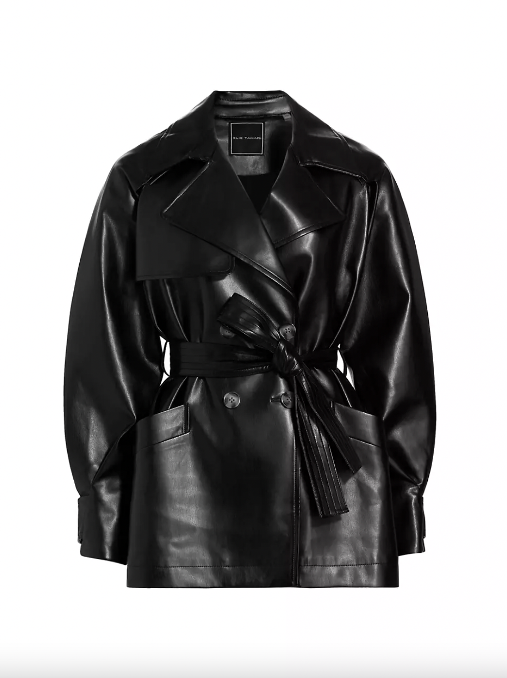 Elie Tahari + Vegan Leather Double-Breasted Trench Coat