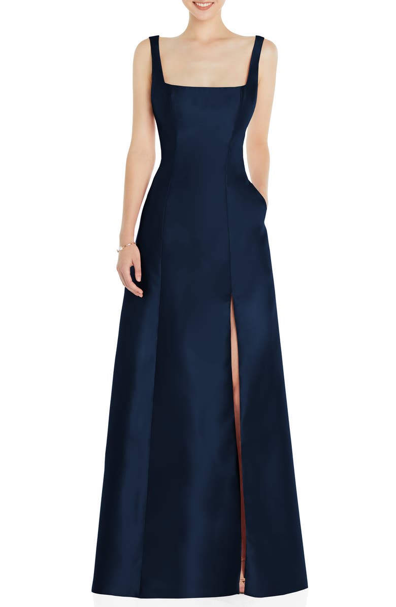 Alfred Sung + Square Neck Satin A-Line Gown