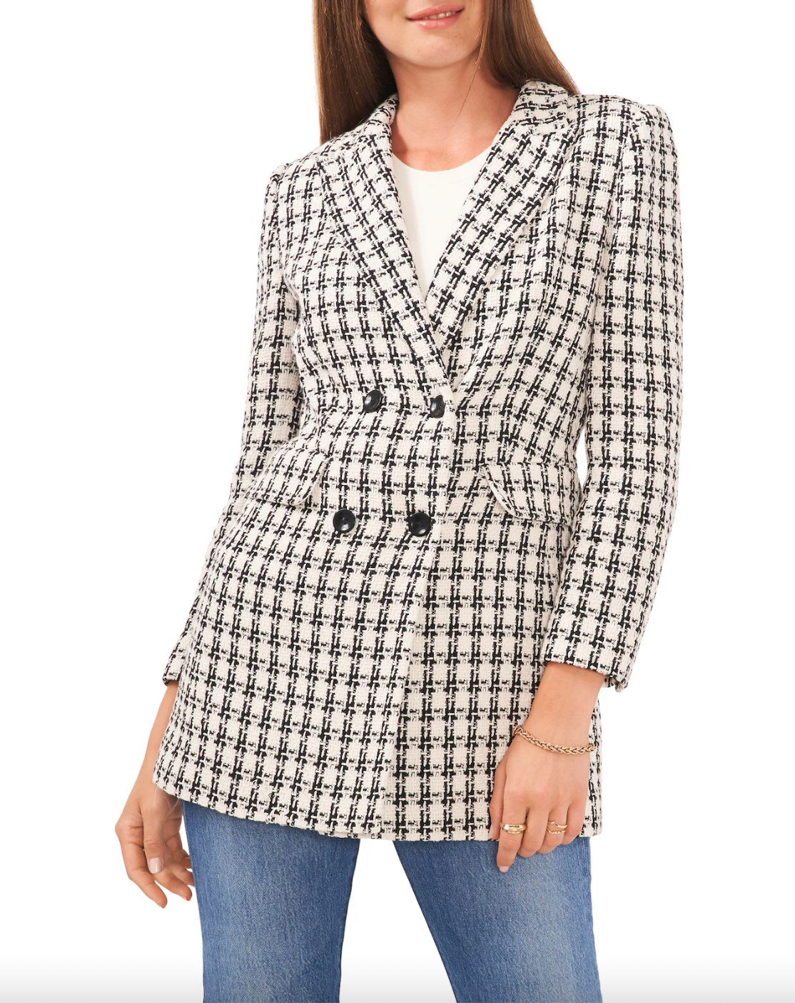 Vince Camuto + Double-Breasted Tweed Jacket