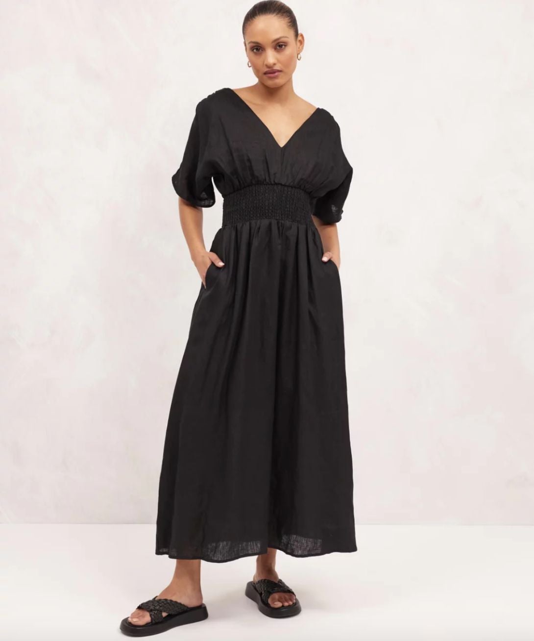 AERE Linen Shirred Waist Midi Dress