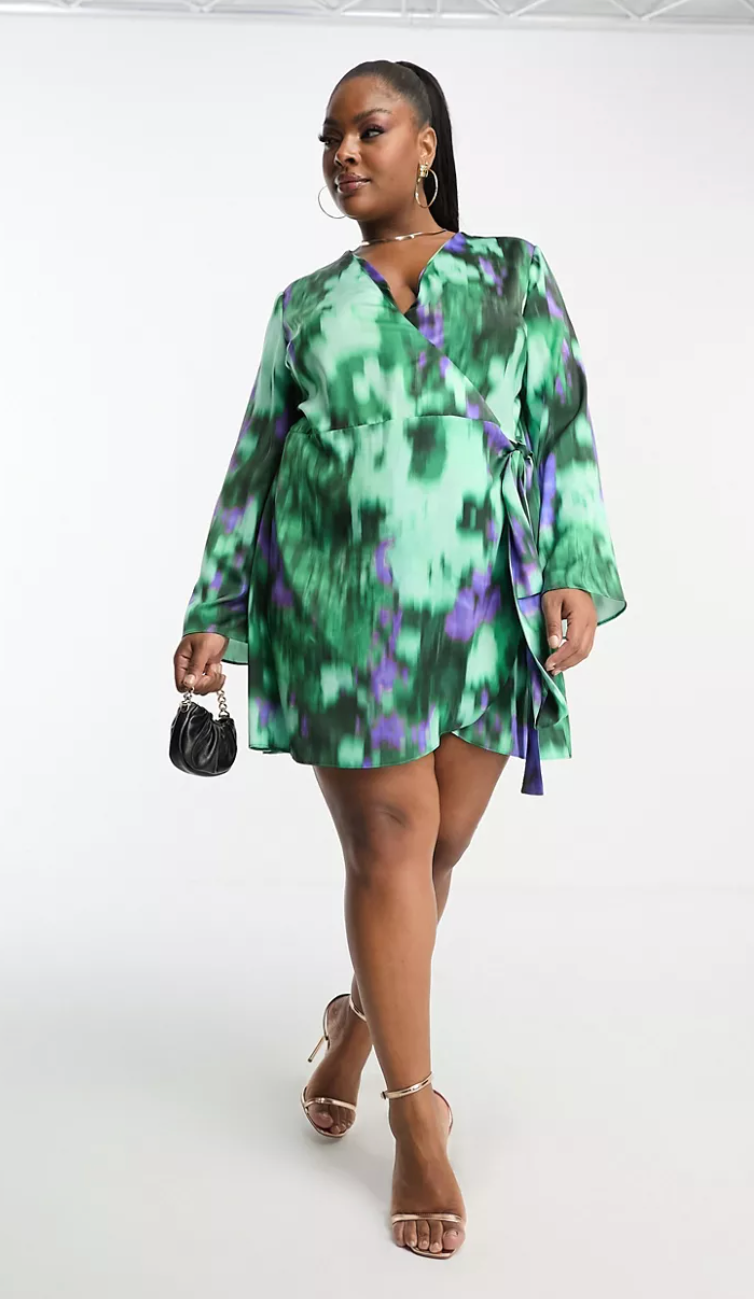 ASOS DESIGN Curve Exclusive Satin Wrap Mini Dress With Tie Waist In Blurred Abstract Print