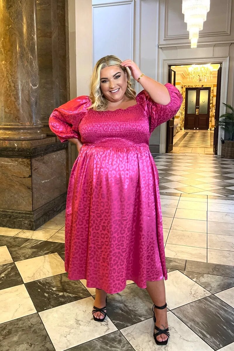 In The Style + Jess Millichamp Pink Jacquard Shirred Bust Puff Sleeve Midi Dress