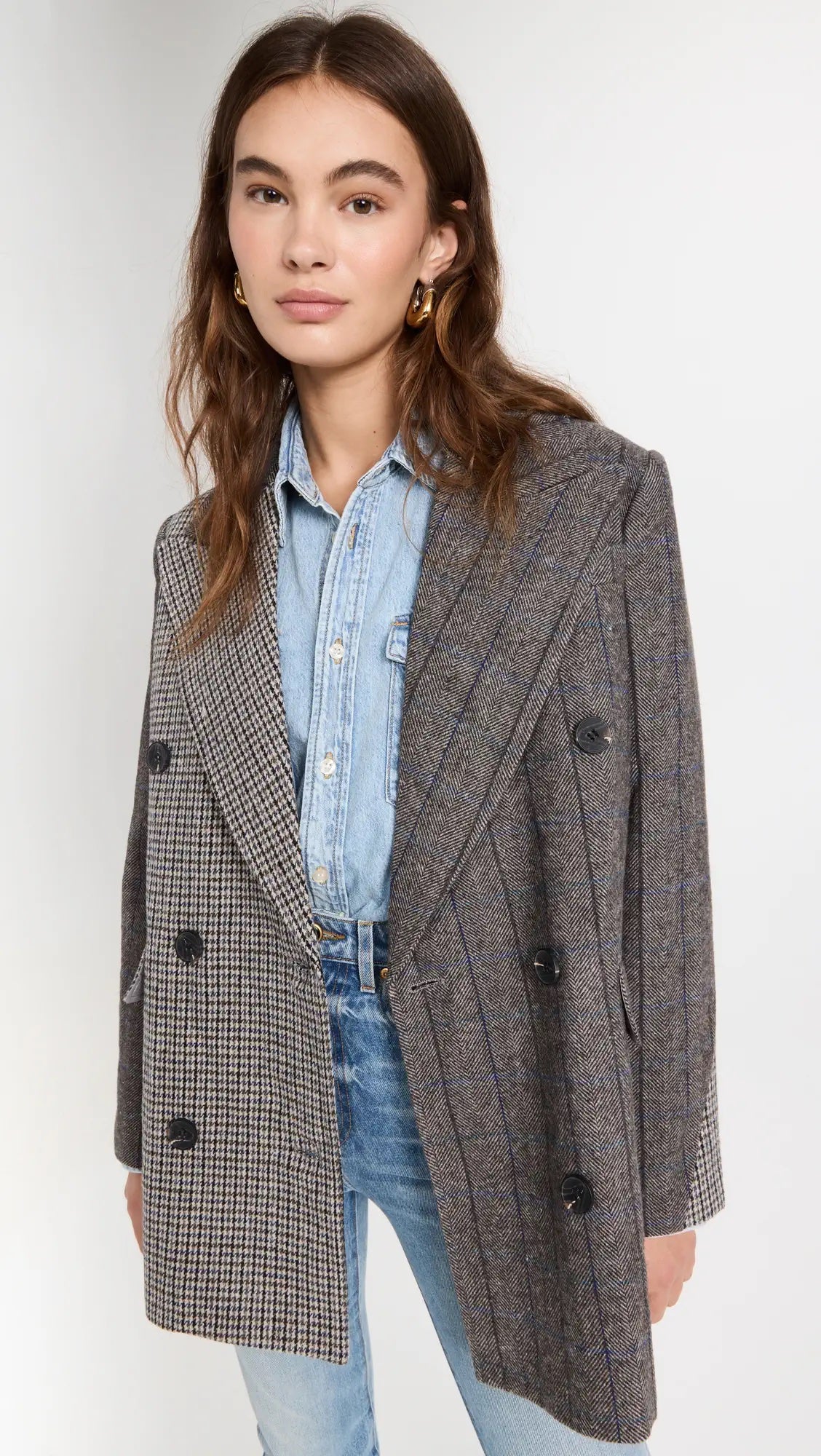 Avec Les Filles + Mixed Plaid Double Breasted Blazer