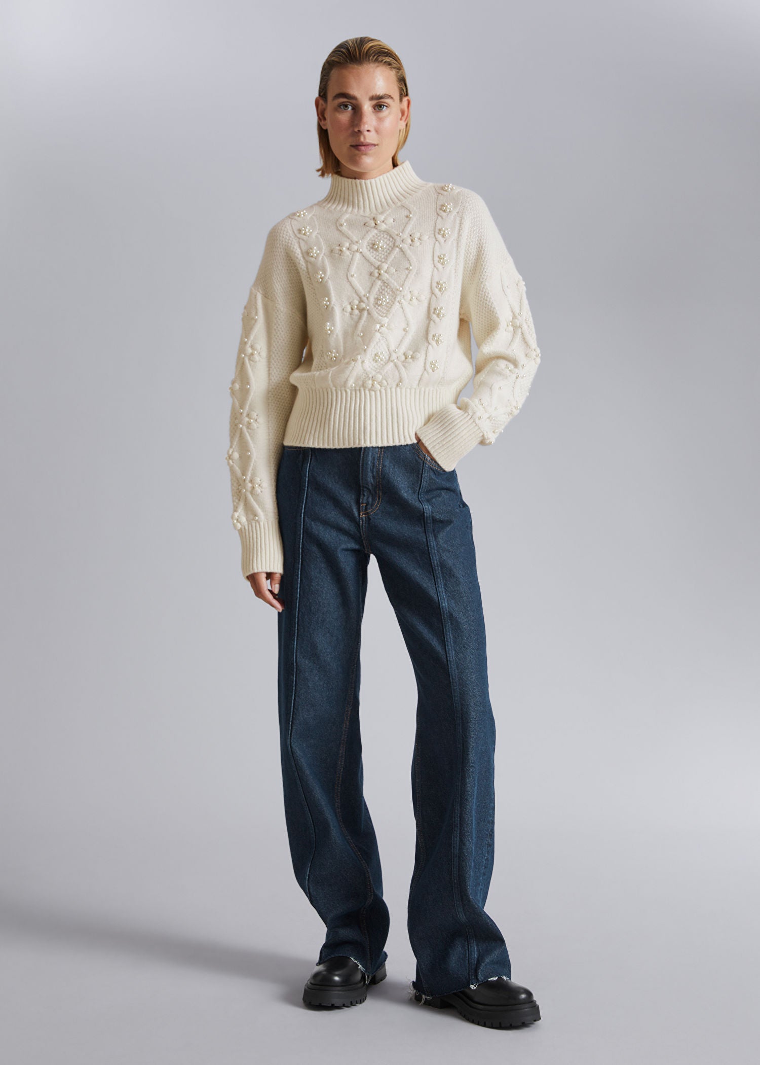 & Other Stories + Pearl Bead Cable Knit Jumper