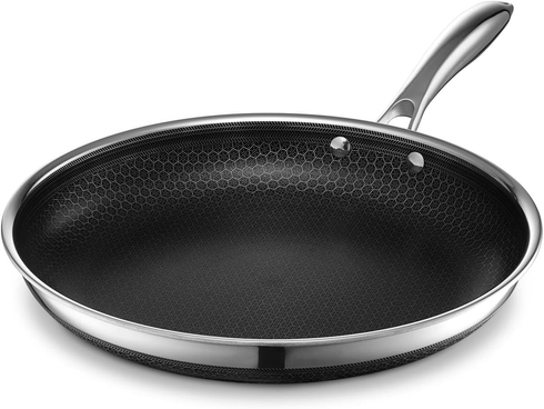 HexClad 14 inch Hybrid Stainless Steel Frying Pan with Glass Lid, Nonstick  
