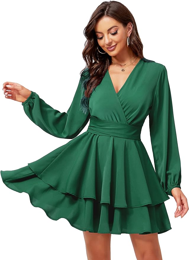 LiLLiYADi + V Neck High Waist Tie Ruffle Hem Swing Skater Dress