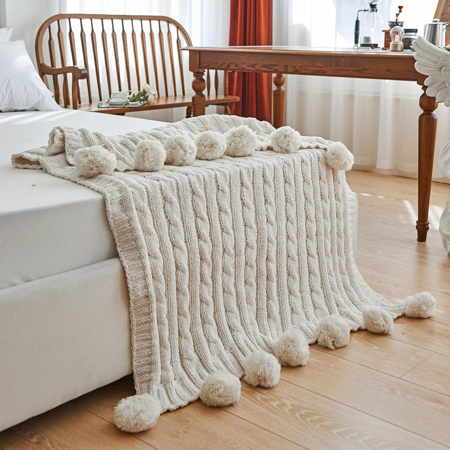 Repreconf Chenille Chunky Knitted Pom Pom Throw Blanket