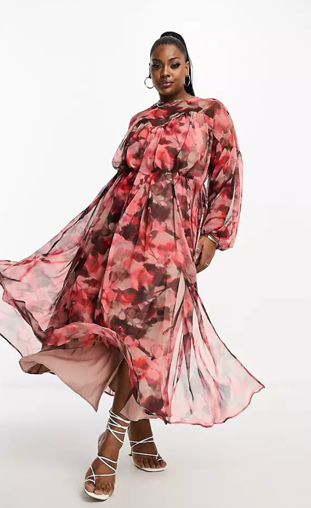 ASOS Edition Curve Long Sleeve Tie Waist Midi Dress In Blurred Floral Print
