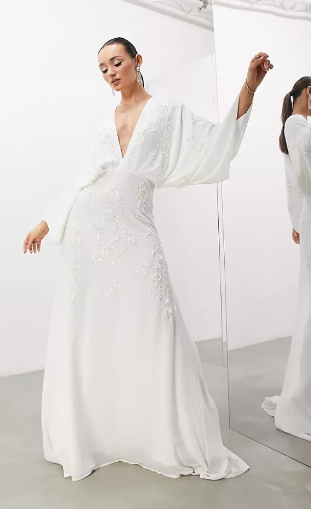 ASOS DESIGN + Lisa V-Neck Drape Sleeve Wedding Dress