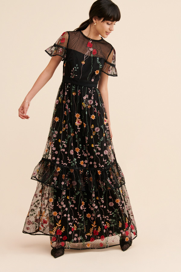 ML Monique Lhuillier Floral Embroidered Gown
