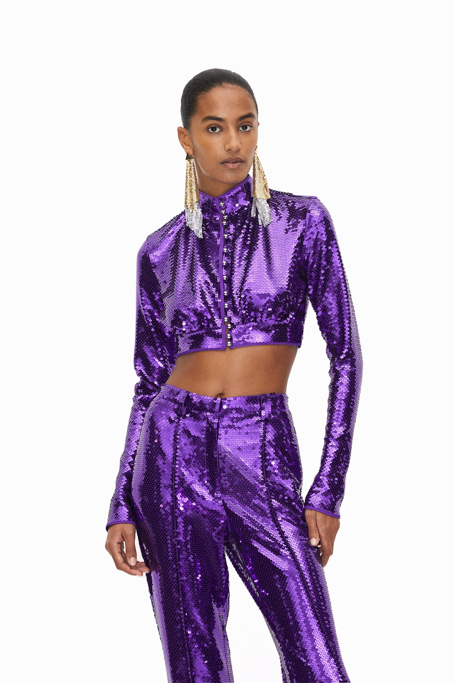 Rabanne Hamp;M Sequin-Disc Crop Top Purple