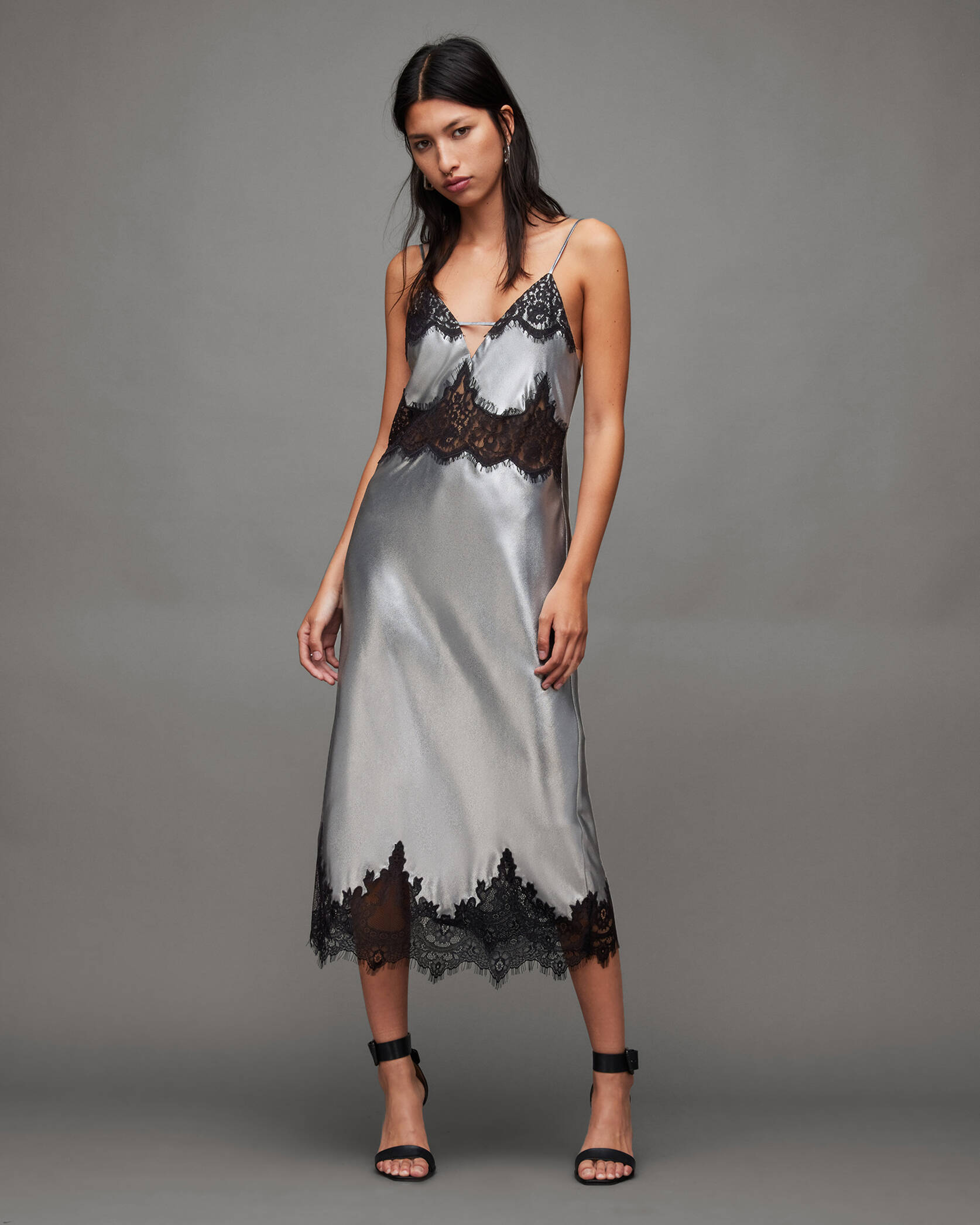 AllSaints + Ophelia Metallic Lace Trim Maxi Dress