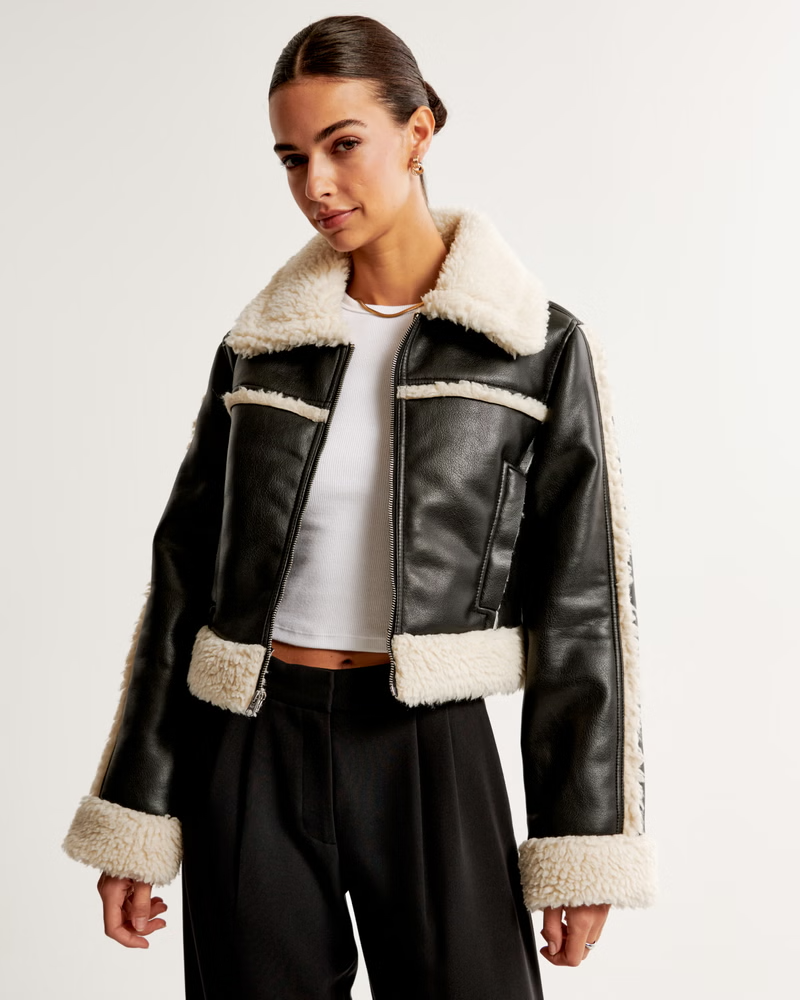 Abercrombie & Fitch + Cropped Vegan Leather Shearling Jacket