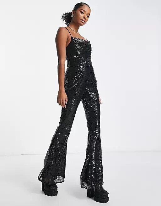 ASOS DESIGN Petite + Sequin Cowl Neck Flare Leg Jumpsuit in Black