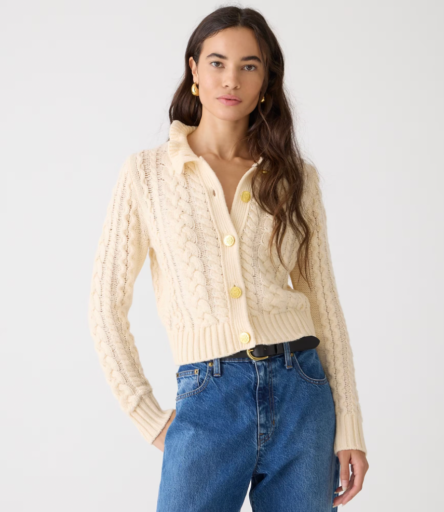 J.Crew + Cable-Knit Ruffleneck Cardigan Sweater