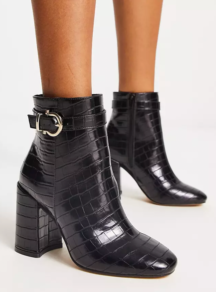 London Rebel Wide Fit Buckle Heeled Ankle Boot In Black Croc