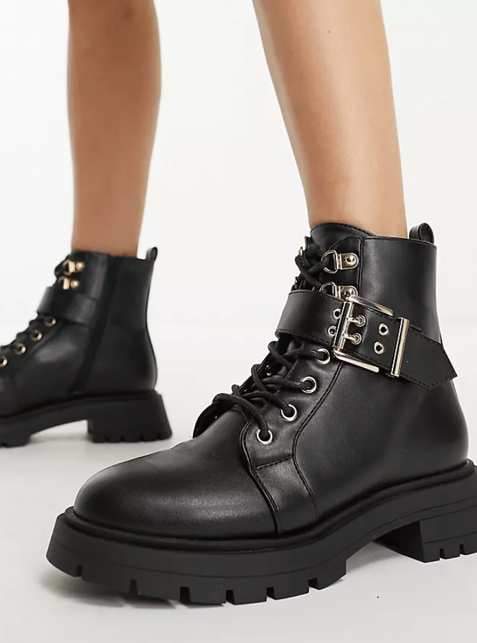 ASOS DESIGN + Wide Fit April Lace-Up Hiker Boots In Black