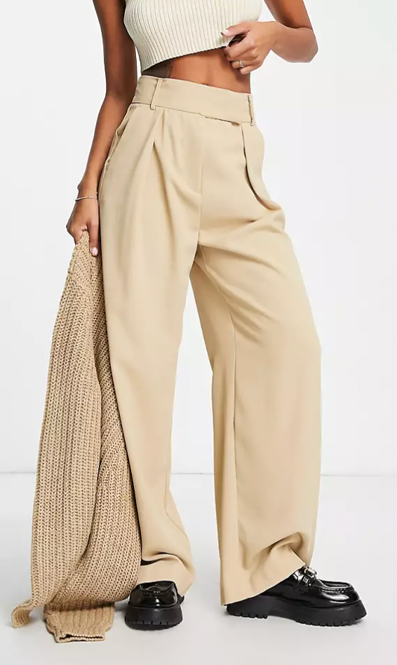 River Island + Pleat Detail Wide Leg Dad Pants In Beige