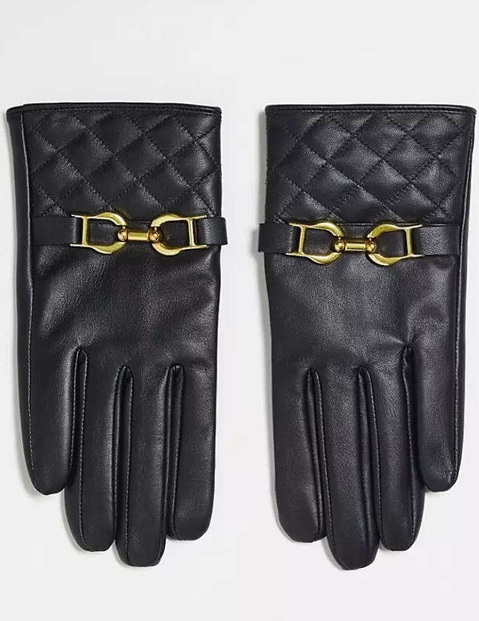 ASOS DESIGN + Black Leather Gloves With Gold Hardware