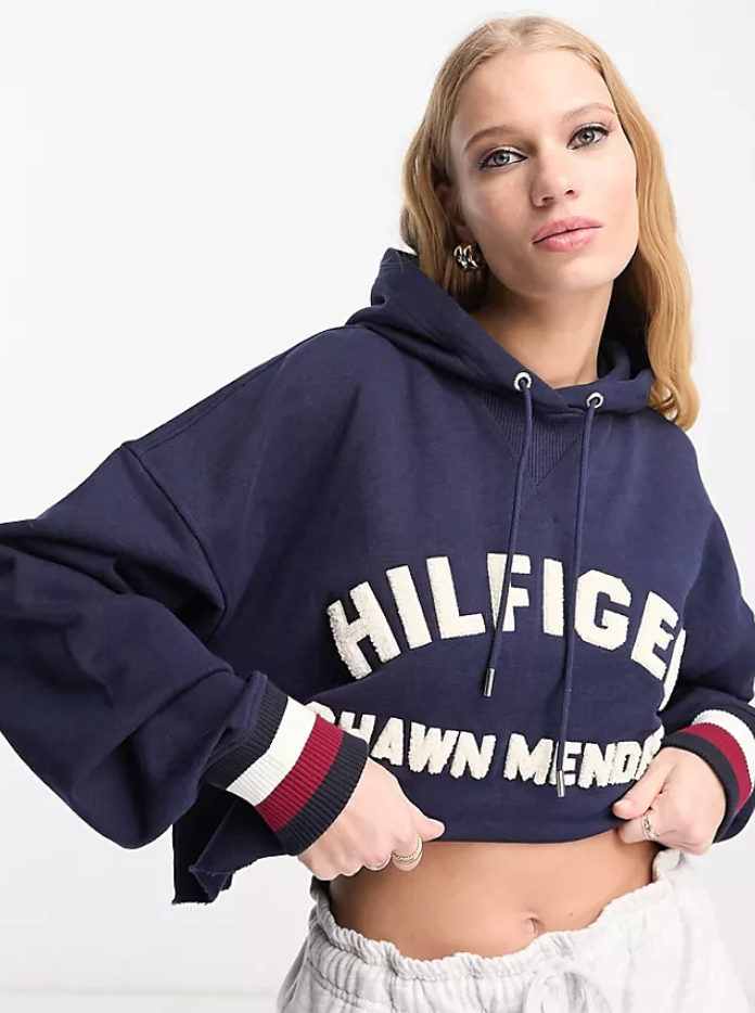 Tommy Hilfiger x Shawn Mendes + Fleece Cropped Graphic Hoodie In Navy