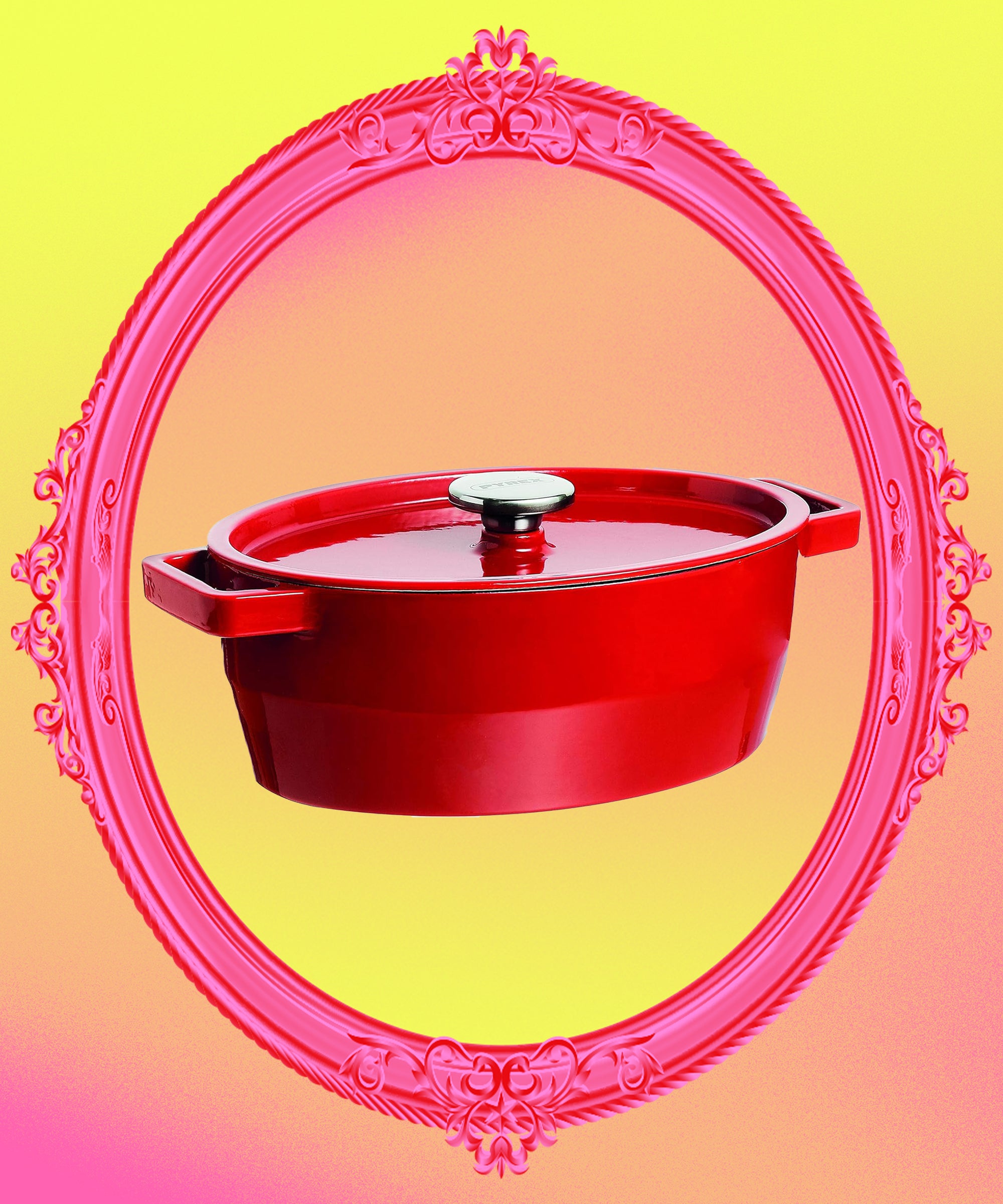 Ein großer roter Bratentopf mit zwei Griffen