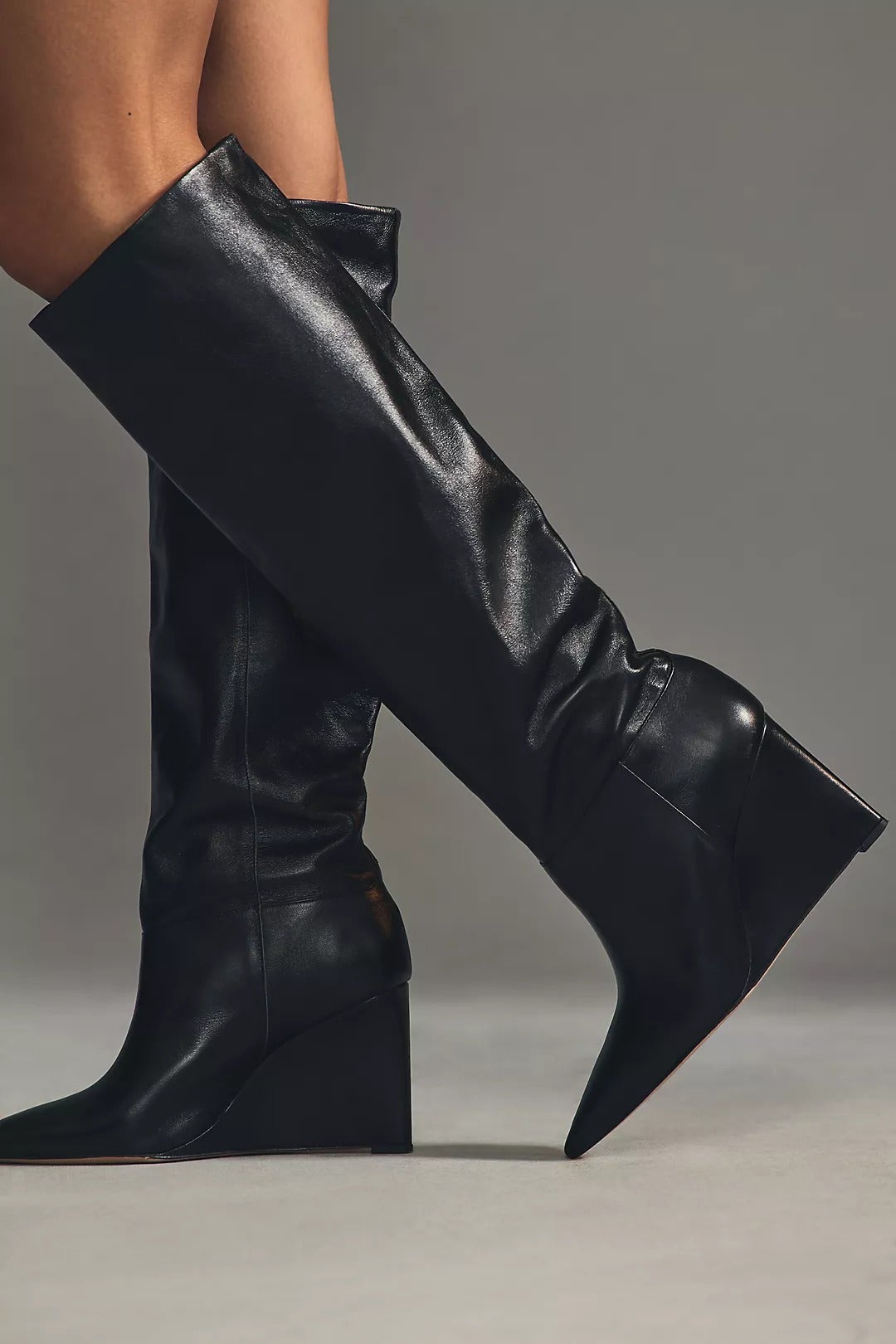 Anthropologie + The Cassia Leather Wedge KneeHigh Boots