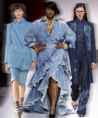 Dries Van Noten, Kenzo, and Moschino models wearing denim
