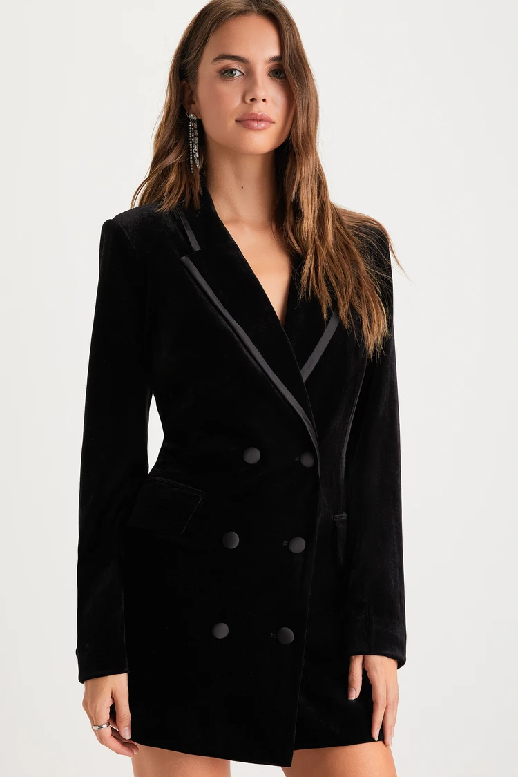 Lulus Sophisticated Expression Black Velvet Blazer Dress