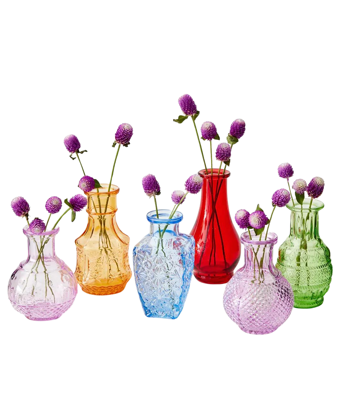 Gigi & Tom + Vintage Bud Coloured Glass Vase Set 6