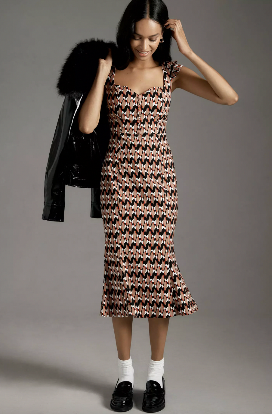 Houndstooth Faux-Leather Twofer Dress
