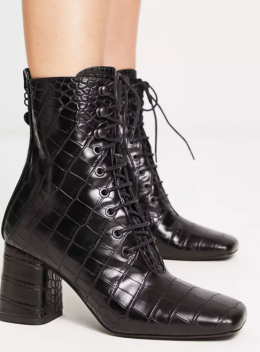Love Moschino Lace Up Boots With Zip Back in Black Croc